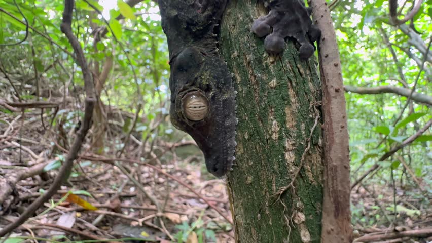 Close-up portrait of Giant leaf-tail gecko (Uroplatus giganteus) on a tree. Nosy Mangabe, Madagascar.