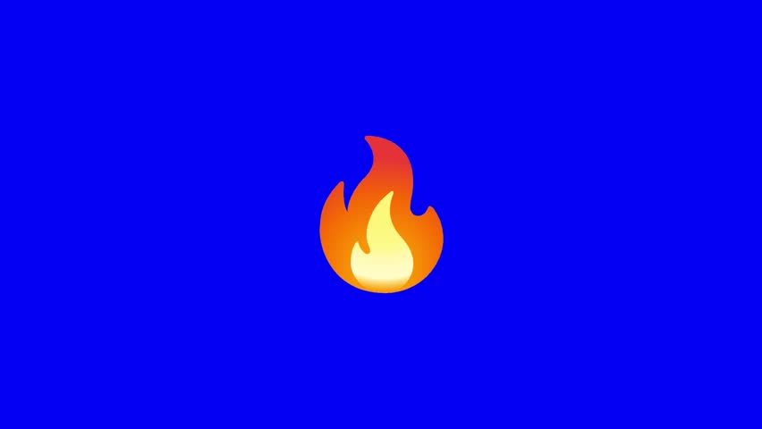 A vibrant, cartoon-style flame flickers gently in the center of a solid royal blue background. The flame features smooth gradients: bright yellow at the core, warming to orange, then fading into deep red at the tips.
