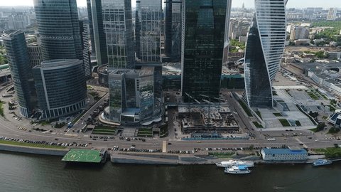 Drone Flight Along Moscow City Waterfront