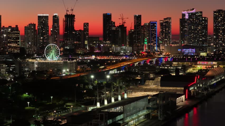 Miami Skyline At Miami In Florida United States. Sunset Beach. Illuminated Cityscape. Downtown City. Miami Skyline At Miami In Florida United States. Amazing Sunset Skyline.