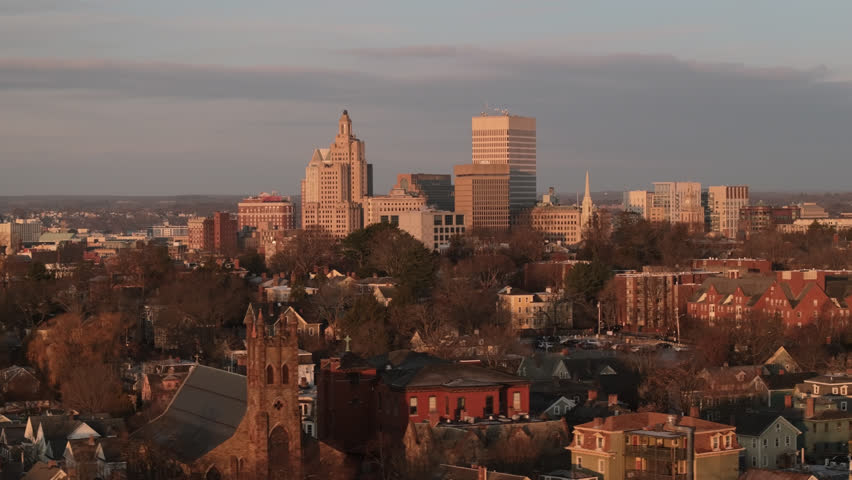 Providence, Rhode Island at sunrise. Shot from a drone point of view on an autumn morning.