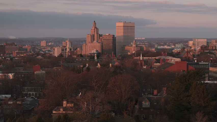 Drone shot of Providence, Rhode Island at sunrise