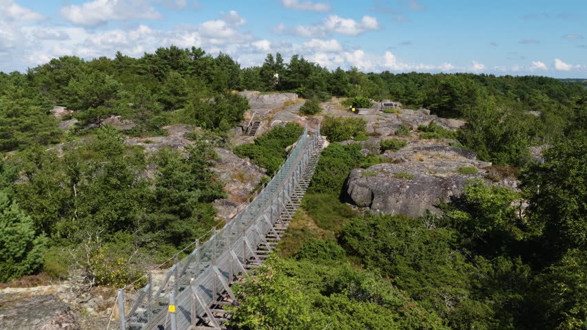 Aerial view backwards over people walking on a hanging bridge in Oro, Finland