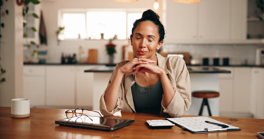 Happy woman, face and budget planning with finance for remote work, accounting or expenses in home. Portrait, female person or freelancer with smile, calculator or tablet for financial audit or bills