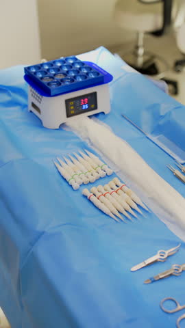 Medical equipment and surgical instruments on a sterile blue drape, preparing for a hair transplant procedure at a modern clinic.