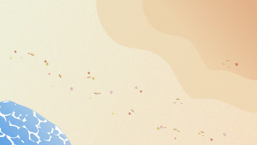 Animated 2D top view beach background in flat vector style with moving ocean waves, sandy shore, scattered starfish and small stones, ideal for summer, vacation, travel, tourism themes with copy space