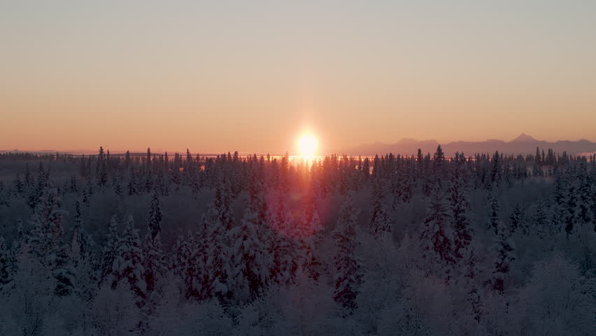 Aerial shot of cinematic winter scenery in Fairbanks, Alaska