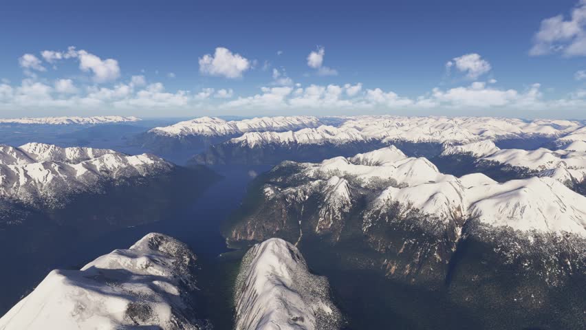 3D - Side aerial drone shot of the snow in Fiordland National Park Southland Region. New Zealand