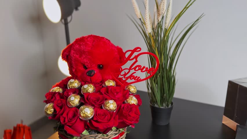 Close-up indoor display of a red teddy bear with a rose bouquet and gold-wrapped chocolates, featuring an “I Love You” heart sign, perfect for Valentine’s Day or anniversary gifting.