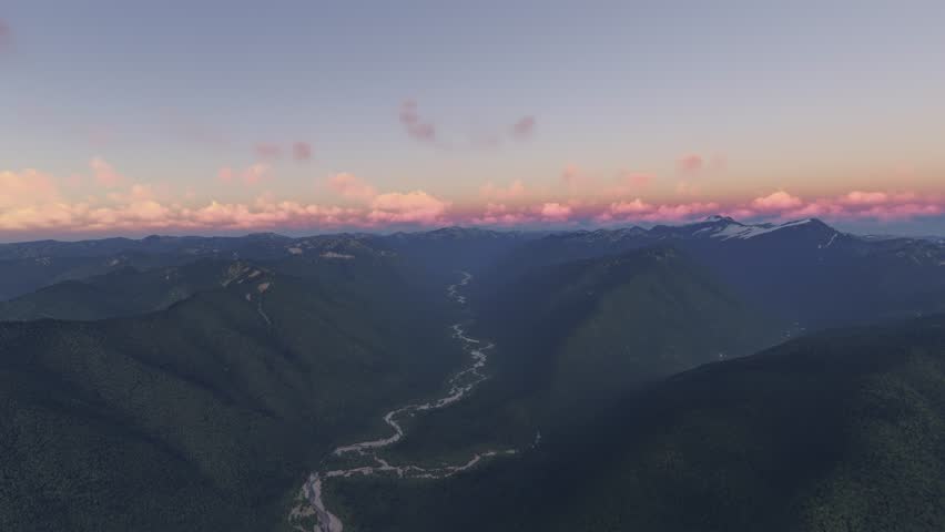 3D - Circular aerial shot at sunset of Hoh Rain Forest Washington. United States