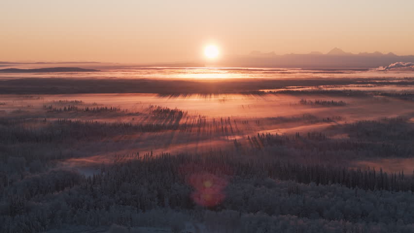 Aerial shot of cinematic winter scenery in Fairbanks, Alaska