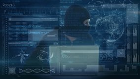 Animation of data processing over caucasian male computer hacker in balaclava using laptop. global online security, cybercrime and data processing concept digitally generated video. - Powered by Shutterstock - Get 15% off with code: PIKWIZARD15