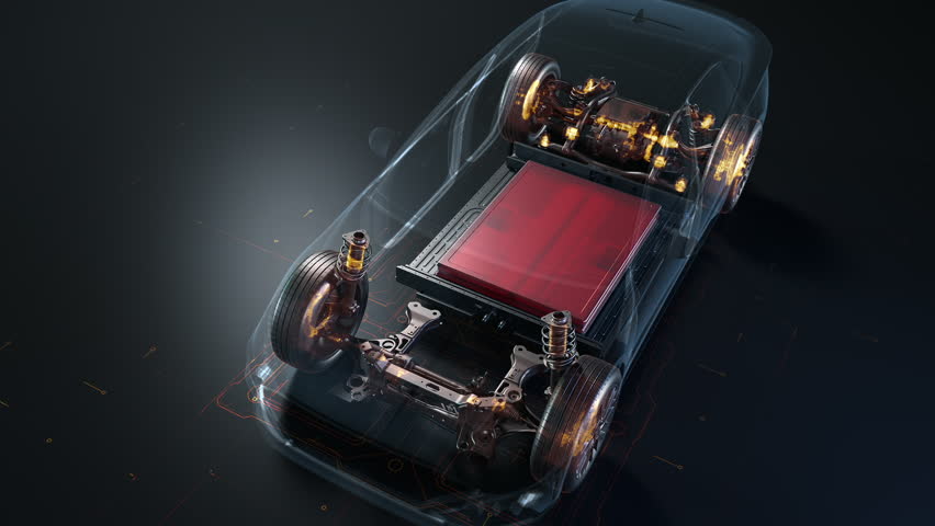 Electric vehicle chassis with red glowing battery pack.