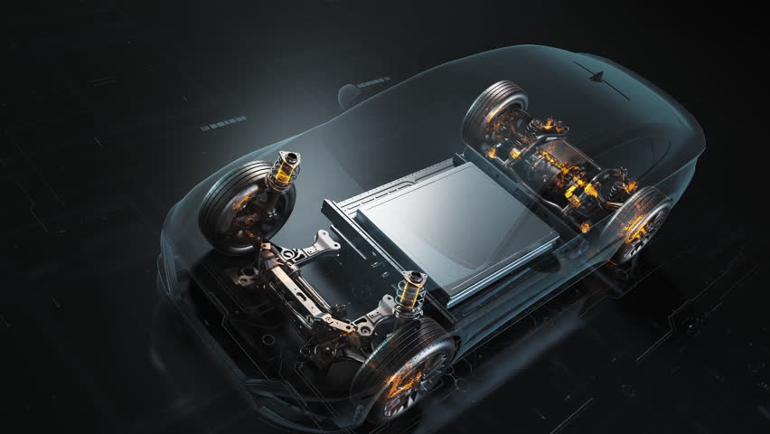 Modern electric car chassis with black battery module.