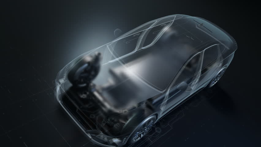 Transparent car body showing internal battery and motor.