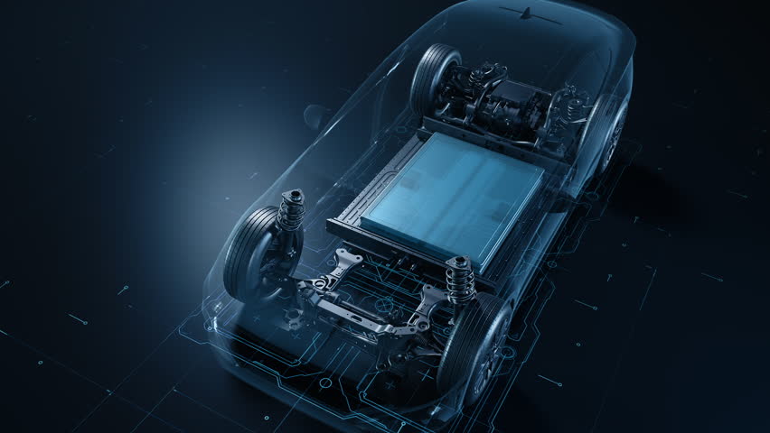Transparent car body showing internal electric battery system.