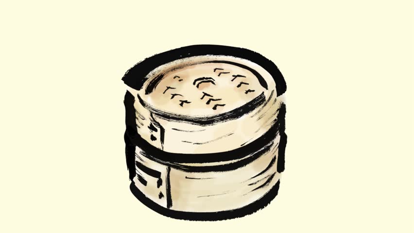 Hand-drawn brush style animation of a bamboo steamer lid opening to reveal freshly steamed meat buns. Soft steam rises, expressing warmth and a just-made feeling. Perfect for food videos, Chinese cuisine promotions, restaurant advertisements, cooking content, and menu visuals.