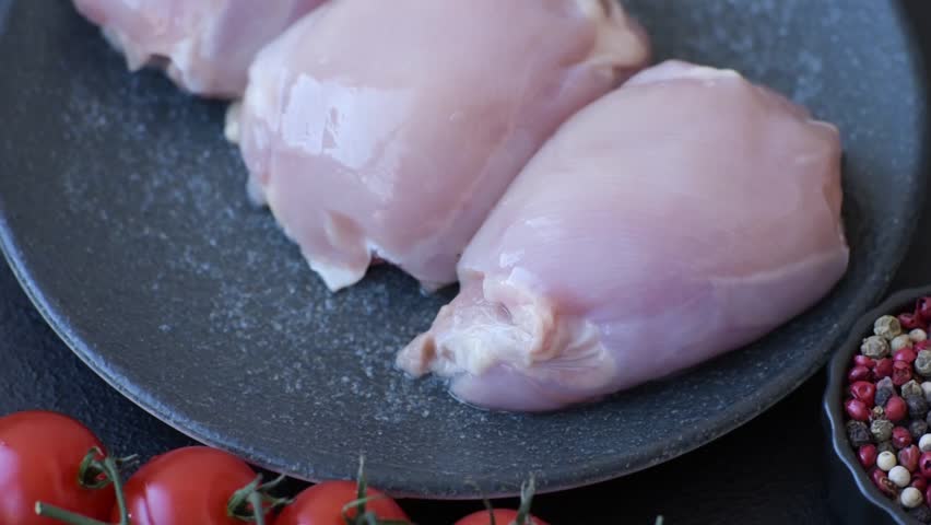 Raw chicken thigh fillet, poultry meat as a source of protein. Chicken thigh fillet as a food background for your design.