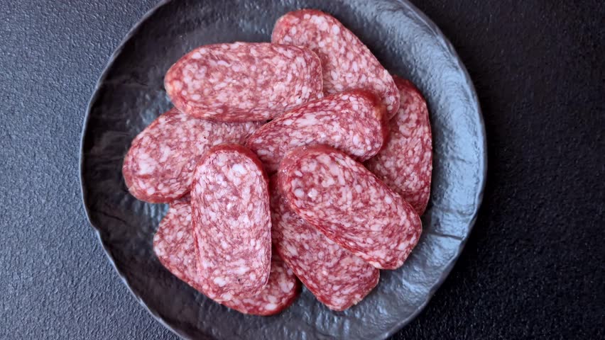 Sliced salami sausage, smoked meat as a delicacy for the table. Salami sausage as a food background for your design.