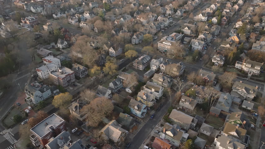 Aerial view of a residential district in Providence, Rhode Island. Shot on an autumn morning.
