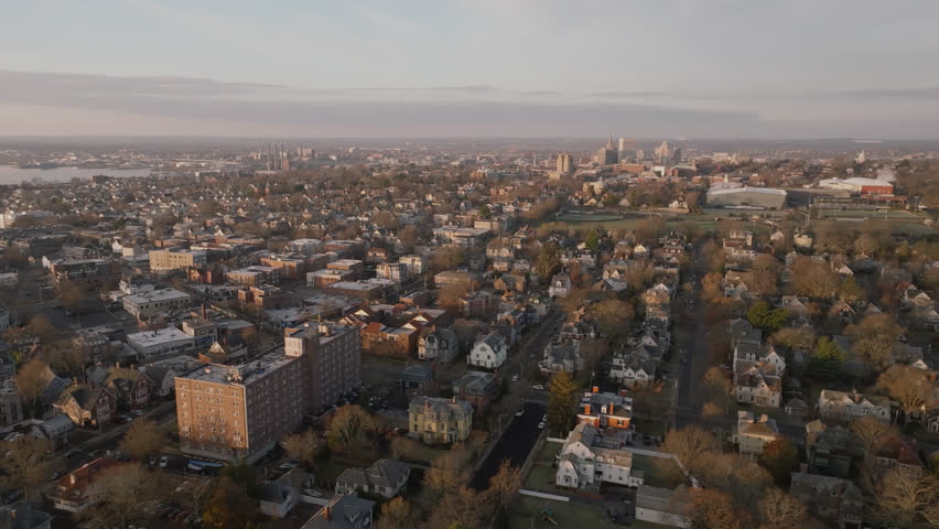 Aerial view of Providence, Rhode Island at sunrise. Shot in Rhode Island on an autumn morning.