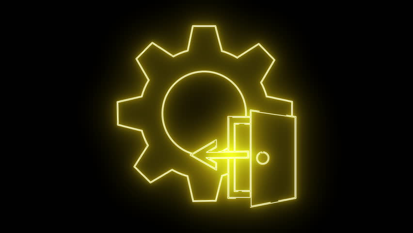 A yellow neon gear and open door icon with an arrow pointing inward against a black background