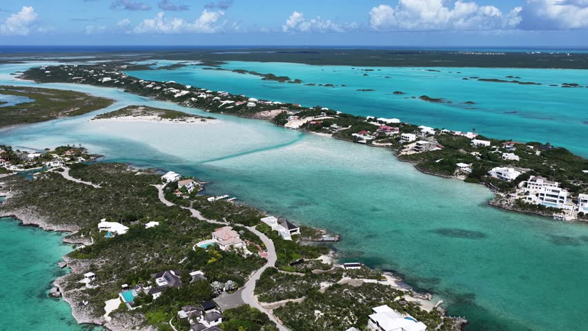Chalk Sound At Providenciales In Overseas Territory Turks And Caicos Islands. Beach Landscape. Shades Of Blue Watercolor. Travel Destination. Chalk Sound In Providenciales. Nature Seascape.