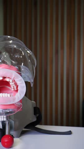 Dental Phantom Head Model with 10pcs Caries Teeth for Dentist Teaching Practice. Vertical shot. Training Apparatus, Dental Simulator, Simple Head Model, Dental education. 4 k video