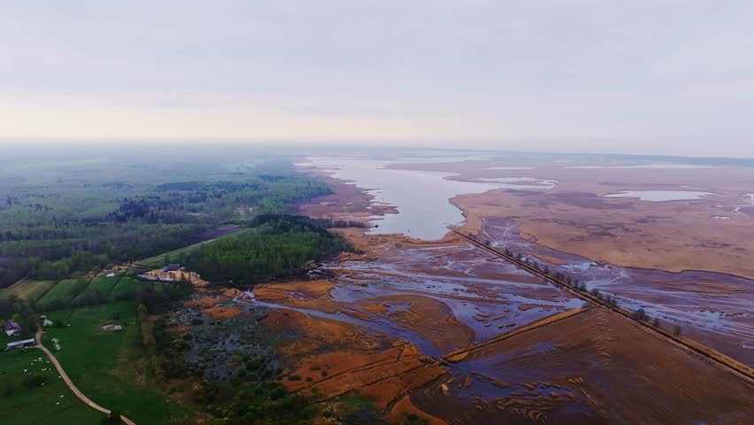 Cinematic aerial flight forward and descent over wetlands near Pape Lake Latvia