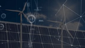 Animation of network of connections over solar panels and wind turbines. environment, sustainability, ecology, renewable energy concept digitally generated video. - Powered by Shutterstock - Get 15% off with code: PIKWIZARD15