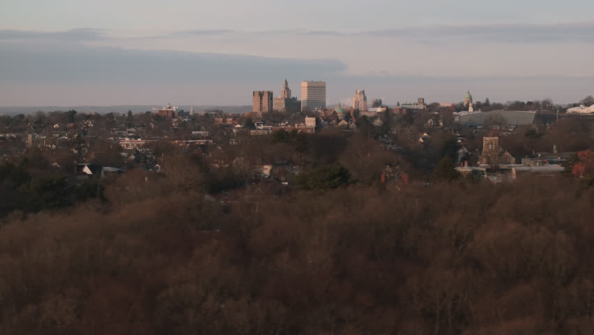 Drone shot of Providence, Rhode Island at sunrise