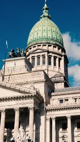 Vertical view Buenos Aires Landmark, National Congress, Flag in daylight skyline, Argentina