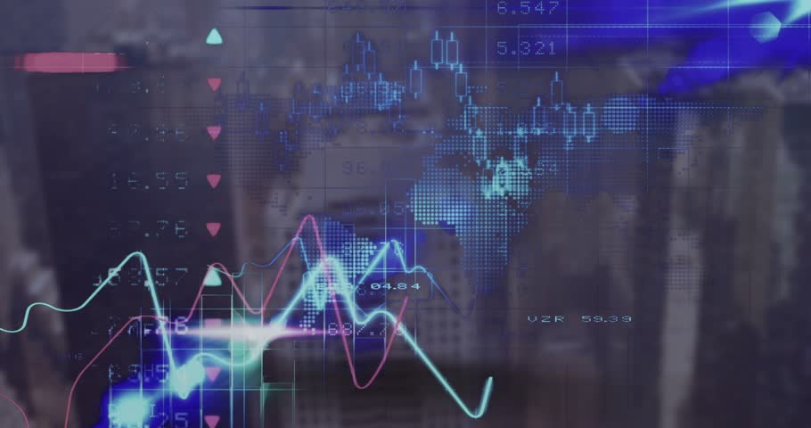 Animation of bar graphs with finance data moving against building. Digital composite, multiple exposure, business, technology, cloud computing, development, economy.