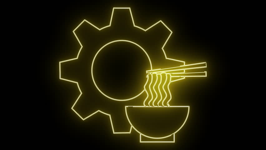 Yellow outline shows a bowl of noodles with chopsticks in front of a gear on a black background