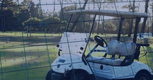 Golfers in cart with data processing animation overlay on sunny course. technology, sports, outdoor, leisure, digital, analytics - Powered by Shutterstock - Get 15% off with code: PIKWIZARD15