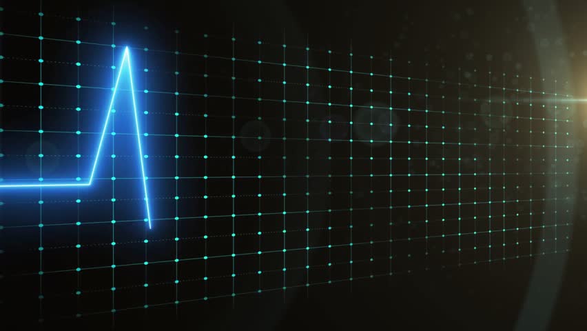 Entering left neon blue ECG waveform pulsing peaks fading flickering back pausing showing heartbeat. Futuristic, medical, digital, technology, health, innovation, gradient