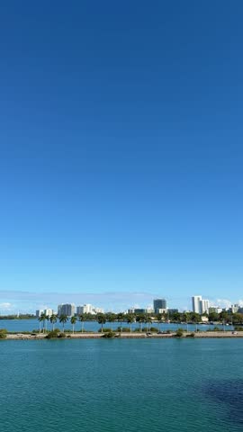 Miami South Beach skyline featuring modern buildings, numerous tropical palm trees, cars driving on E Port Boulevard, and boats docked in the blue water on a sunny day