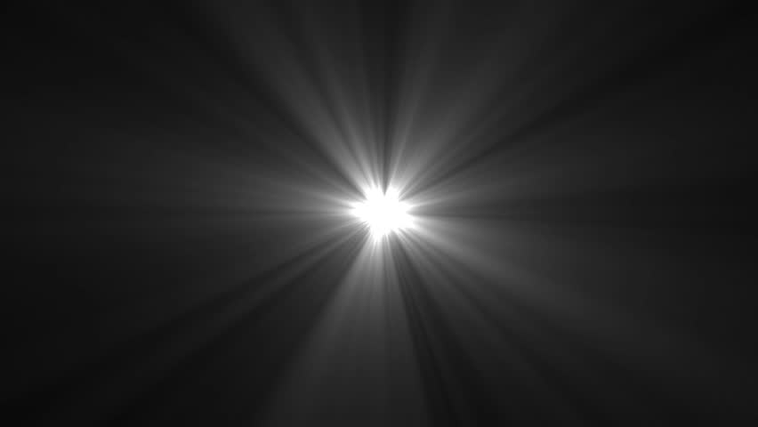 White radial light rays burst animation with glowing motion flare at the center on black background. 4K animated light rays for dramatic intro, light flare overlay effects, and motion graphics.