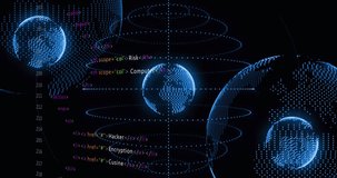 Animation of digital globes with fingerprint rotating against programming language. Hologram, digitally generated, global network, coding, infographic, futuristic and technology concept. - Powered by Shutterstock - Get 15% off with code: PIKWIZARD15