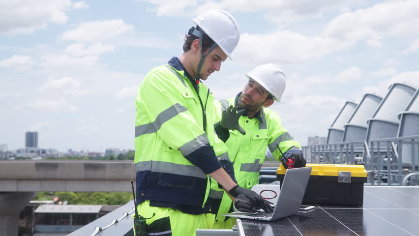 Two engineers in safety gear use a laptop to inspect rooftop solar panels during maintenance work on a bright sunny day.