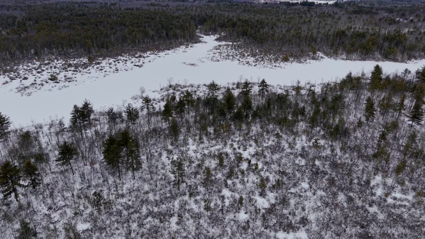 Winter aerial view at the Bellamy Reservoir in Durham, New Hampshire