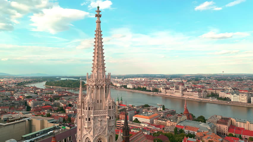 Matthias Church and Fisherman Bastion. Budapest aerial view. Budapest capital of Hungary. Budapest top cityscape panorama. Budapest skyline. Church above historic square. Church city landmark.