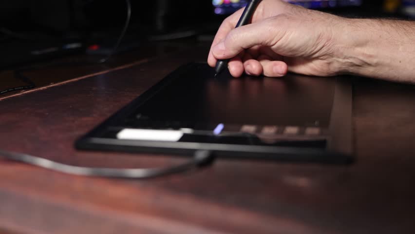 Creative person working with a digital tablet and stylus at a desk. Lifestyle of a modern artist, focus on creativity and concentration.