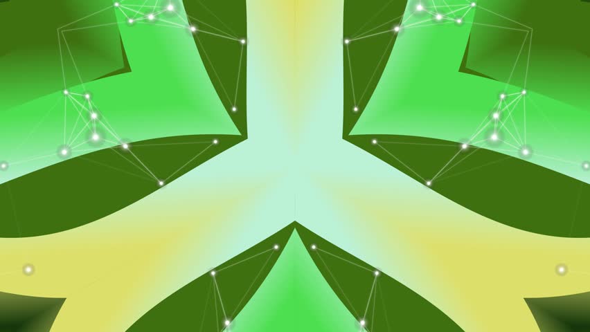 Dark, grounded abstract kaleidoscope featuring sharp, angular fractal shapes centered on deep forest green and lime yellow, creating an earthy, natural look.
