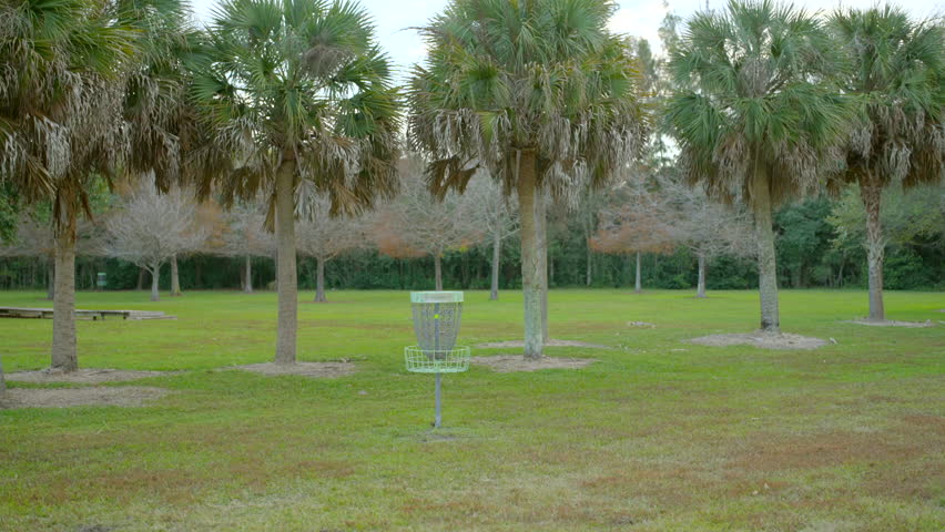 Stock motion footage of a disk golf basket with metal net