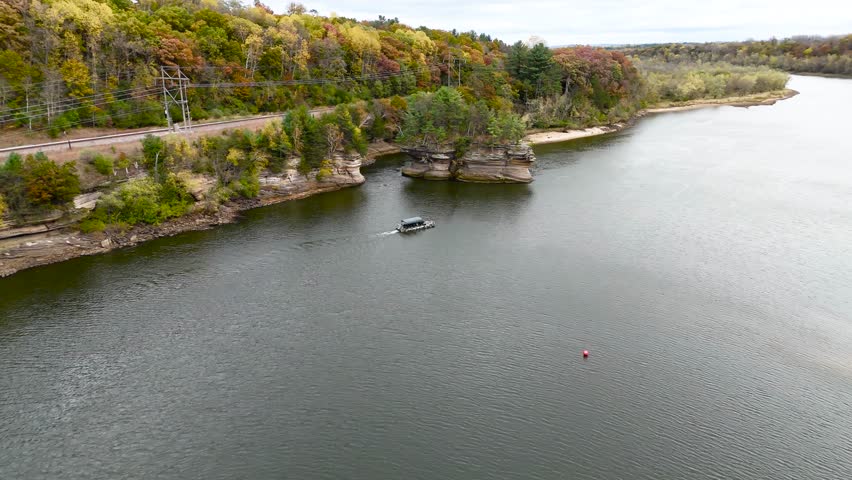 Aerial View Of Wisconsin River With Boat And Beautiful Fall Colors