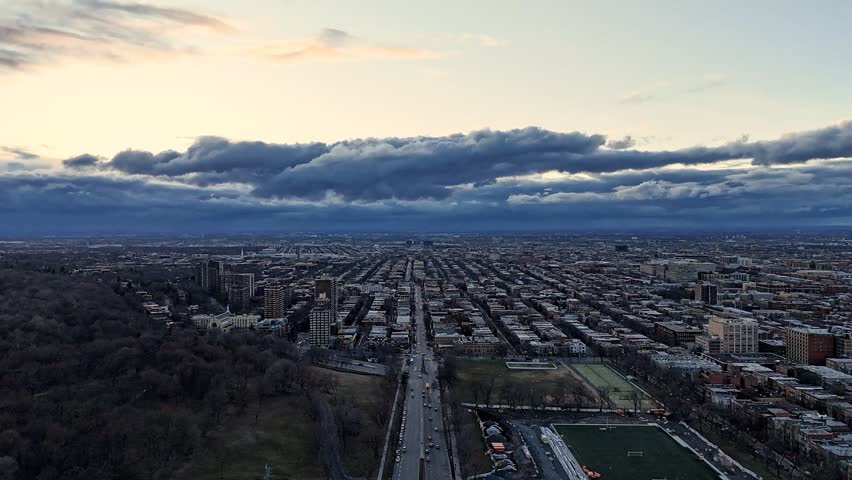 Cloudy Montreal City Skyline at sunset, Quebec, Canada.