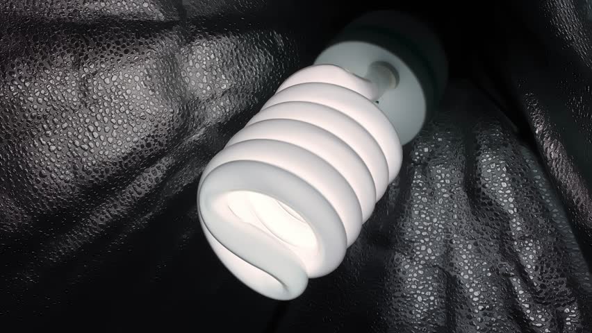 Spiral CFL fluorescent bulb on dark textured background, close-up product shot with copy space, concept for energy efficiency, home electricity and sustainable lighting.