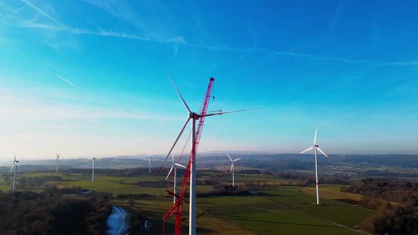 Aerial panorama of wind farm construction over rural countryside in Germany