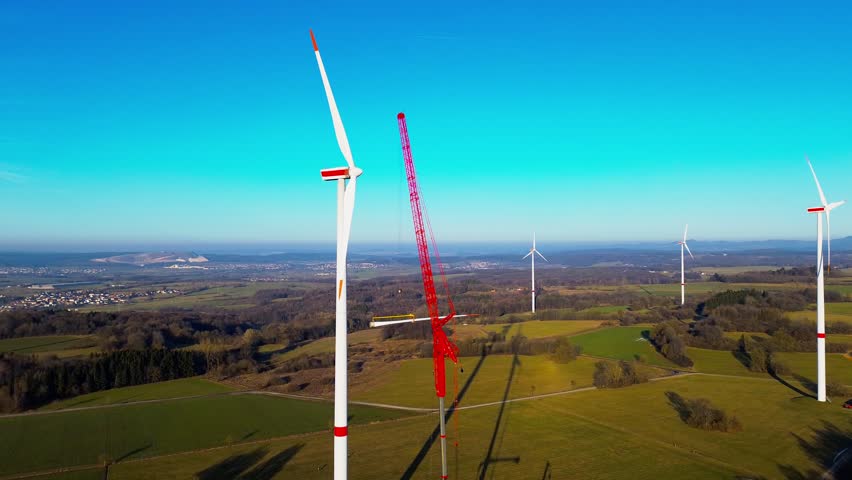 Aerial view of wind turbine construction with crane over rural Germany